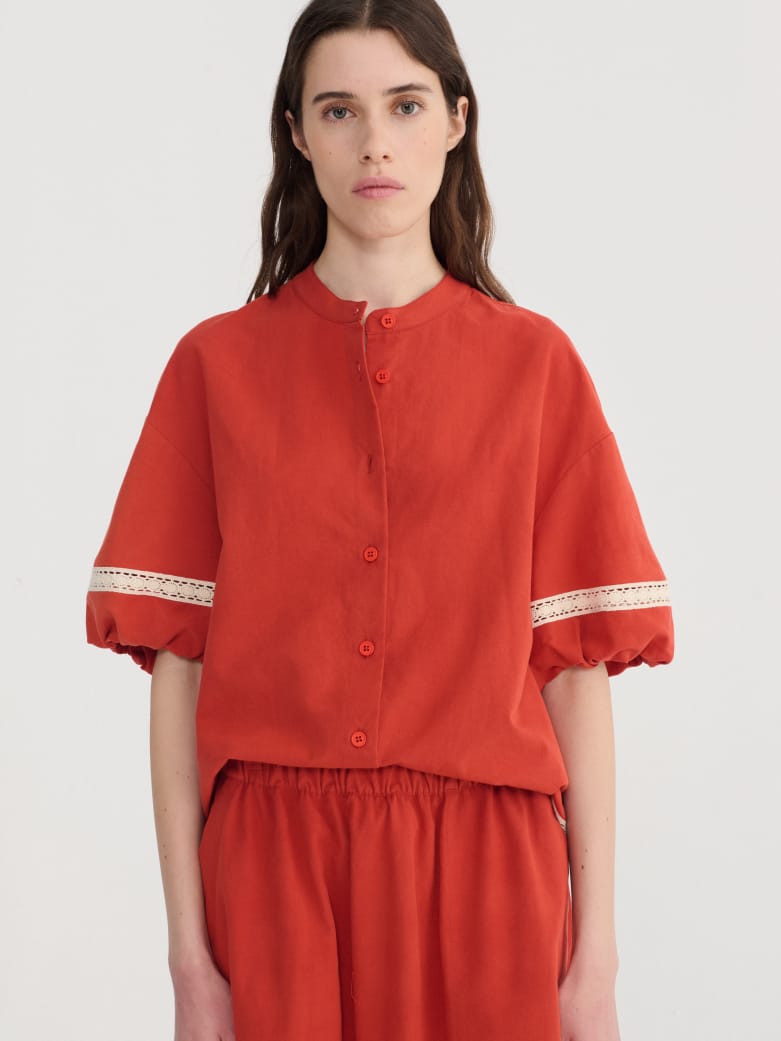 Contrast-Trim Puff Sleeve Shirt