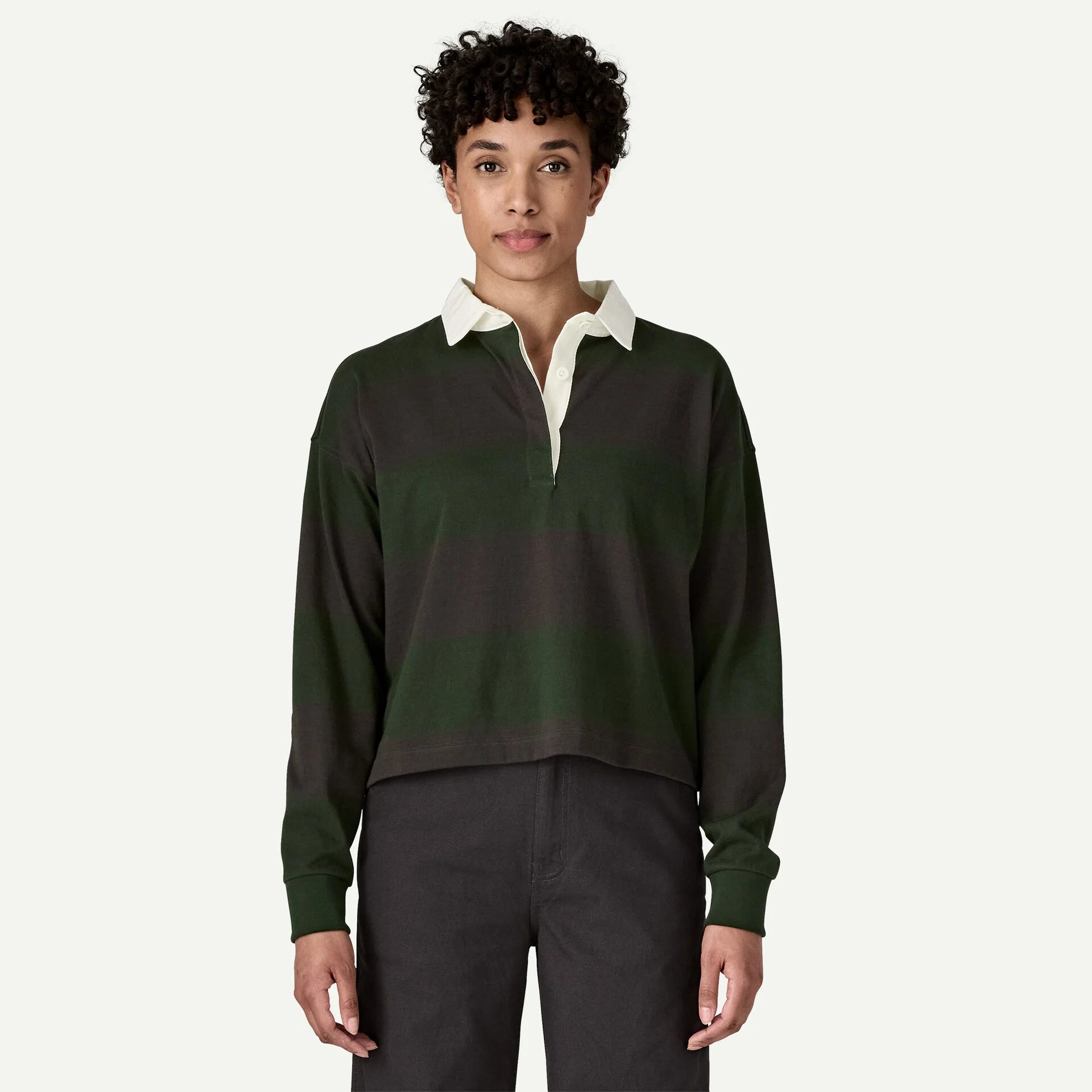 W's Long-Sleeved Rugby Top - Wide Stripe: Old Growth Green