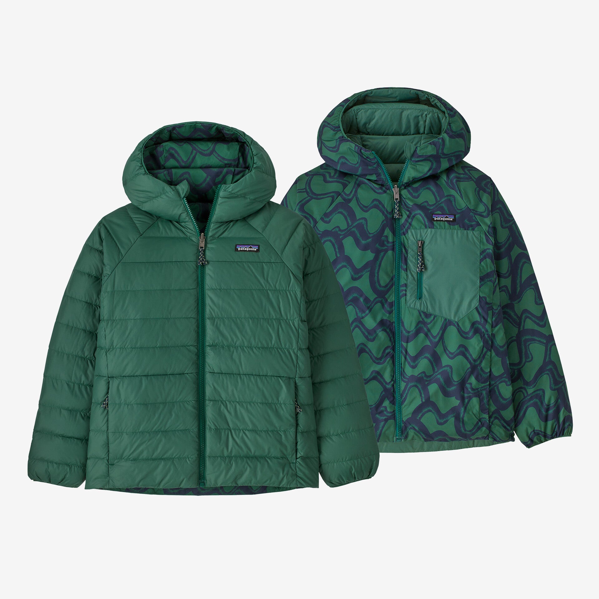 Kids' Reversible Down Sweater™ Hoody - Small Currents: Conifer Green