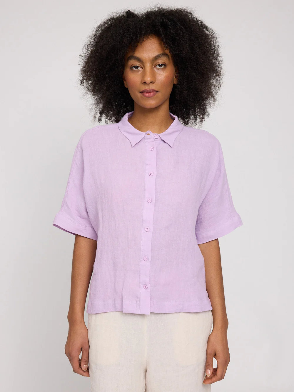 Short Sleeve Linen Shirt - bright Lavender