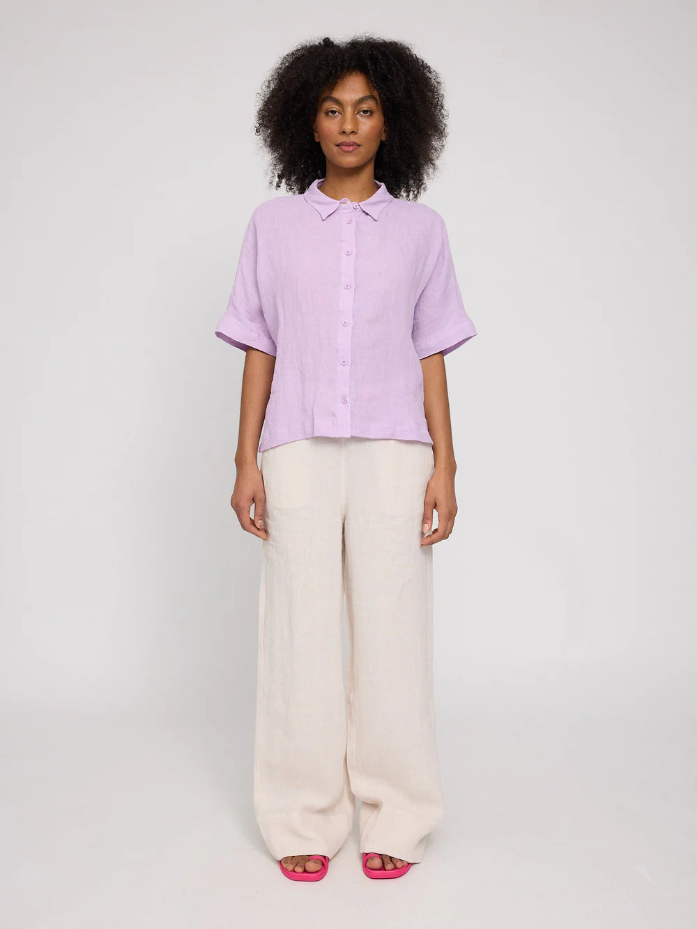 Short Sleeve Linen Shirt - bright Lavender
